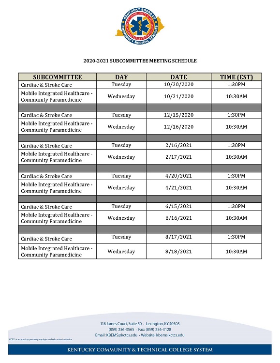 KBEMS Subcommittee Meeting Schedule 2020-2021